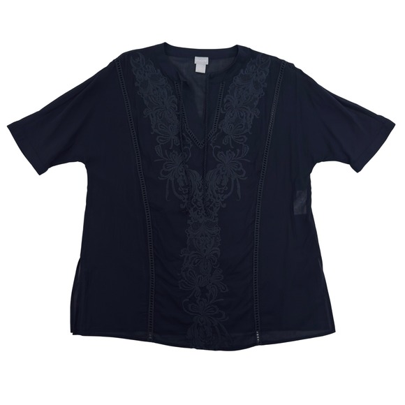 Chico's Tops - Chicos Tunic Top Womens Size 1 Navy Embroidered Semi Sheer V Neck Resort Wear
